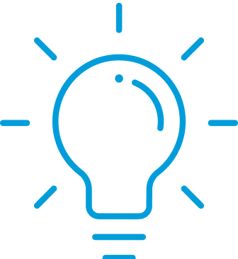 Blue outline of a light bulb emitting rays, symbolizing an idea or inspiration, on a black background.