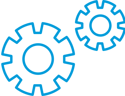 Two blue outlined gears of different sizes are shown, with one positioned slightly above and to the right of the other, on a transparent background.